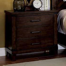 Rustic Style Dark Walnut Finish 1pc Nightstand Bedroom Furniture Solid wood 3-Drawers bedside Table Black Bar Pulls