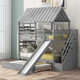 Twin over Twin House Bunk Bed with Trundle and Slide, Storage Staircase, Roof and Window Design, Gray(Old SKU: GX000931AAE)