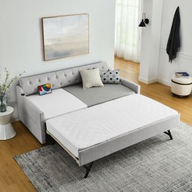 Twin Size Upholstery DayBed with Twin Size Erectable Trundle and USB Charging Design, Linen Beige