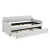 Twin Size Upholstery DayBed with Twin Size Erectable Trundle and USB Charging Design, Linen Beige