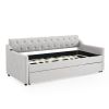 Twin Size Upholstery DayBed with Twin Size Erectable Trundle and USB Charging Design, Linen Beige