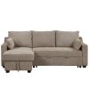 90" Pull Out Sleeper Sofa L-Shaped Couch Convertible Sofa Bed with Storage Chaise, Storage Racks and USB Ports, Light Brown