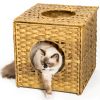 Rattan Cat Litter; Cat Bed with Rattan Ball and Cushion; yellowish brown