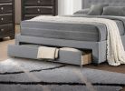 Light Grey Burlap Fabric 1pcs Queen Size Bed w Drawer Button Tufted Arch Design Headboard Storage FB Bedframe Bedroom Furniture