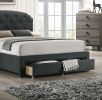 Charcoal Burlap Fabric 1pc Queen Size Bed w Drawer Button Tufted Headboard Storage Bedframe Bedroom Furniture