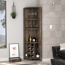 Bouvet Corner Bar Cabinet; Three Shelves; Eight Built-in Wine Rack; Two Side Shelves (Color: DARK BROWN)