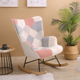 Rocking Chair, Mid Century Fabric Rocker Chair with Wood Legs and Patchwork Linen for Livingroom Bedroom (Color: as Pic)