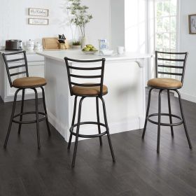 3 Pack Adjustable 24" or 29" Bronze Ladder Back Swivel Barstool, Espresso Vegan Leather Seat (Color: Tan)