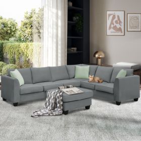 112*87" Sectional Sofa Couches Living Room Sets, 7 Seats Modular Sectional Sofa with Ottoman, L Shape Fabric Sofa Corner Couch Set with 3 Pillows (Color: Gray)