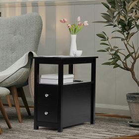 Transitional Nightstand with USB Charging Station, Wooden End Table Bedside Table, 2-Drawer Home&Kitchen Storage Cabinet (Color: Black)