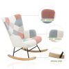 Rocking Chair, Mid Century Fabric Rocker Chair with Wood Legs and Patchwork Linen for Livingroom Bedroom