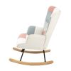 Rocking Chair, Mid Century Fabric Rocker Chair with Wood Legs and Patchwork Linen for Livingroom Bedroom